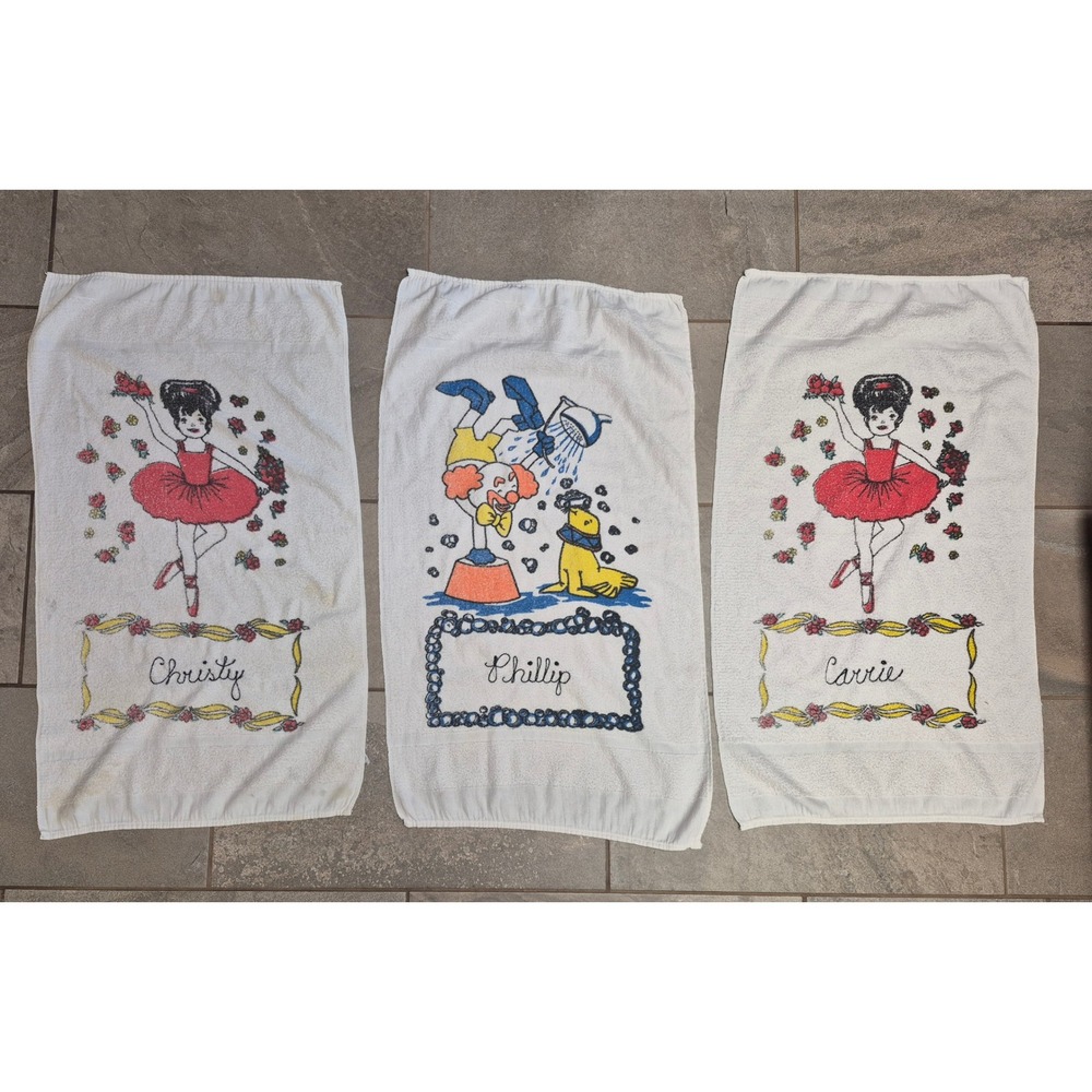 Vintage Kids Bath Towels Set of 3 Personalized Clown Circus Made in USA Retro